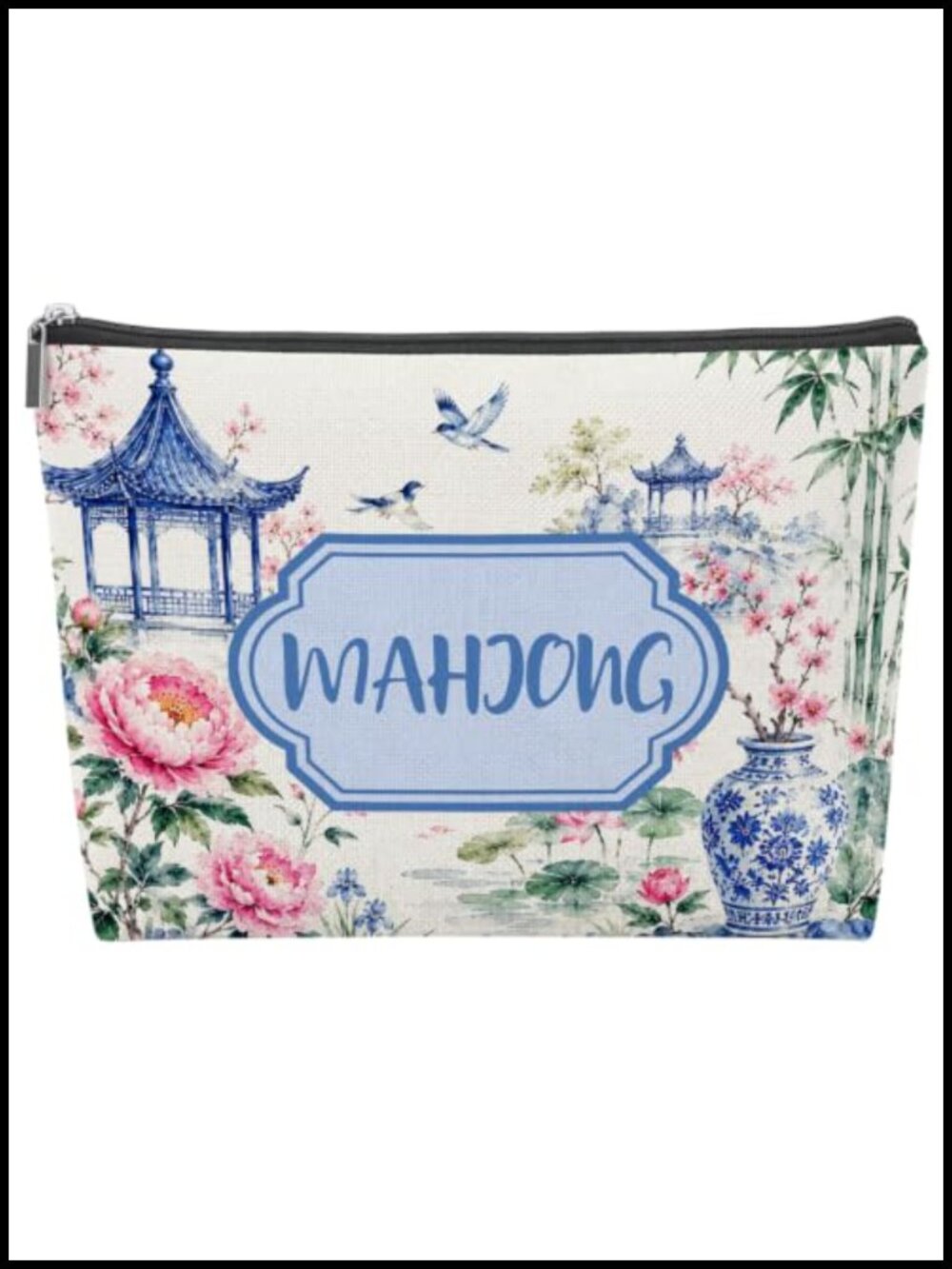 Chinoiserie Mahjong Tile Storage Bag Zippered Linen Soft-Sided